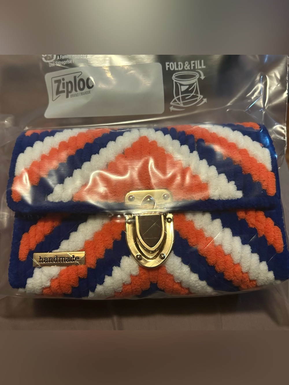 Handmade Chevron Knit Clutch Bag NY Knicks inspired inwith Orange, Blue & White